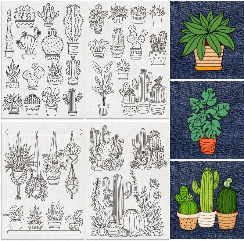 DOODLREAM 30Pcs Bonsai Cactus Embroidery Pattern Stabilizers, 8.3"x11.7" Potted Cacti Water Soluble Stick and Stitch Embroidery Stickers, 4 Sheets Cactus Hand Sewing DIY Embroidery Paper - Image 1